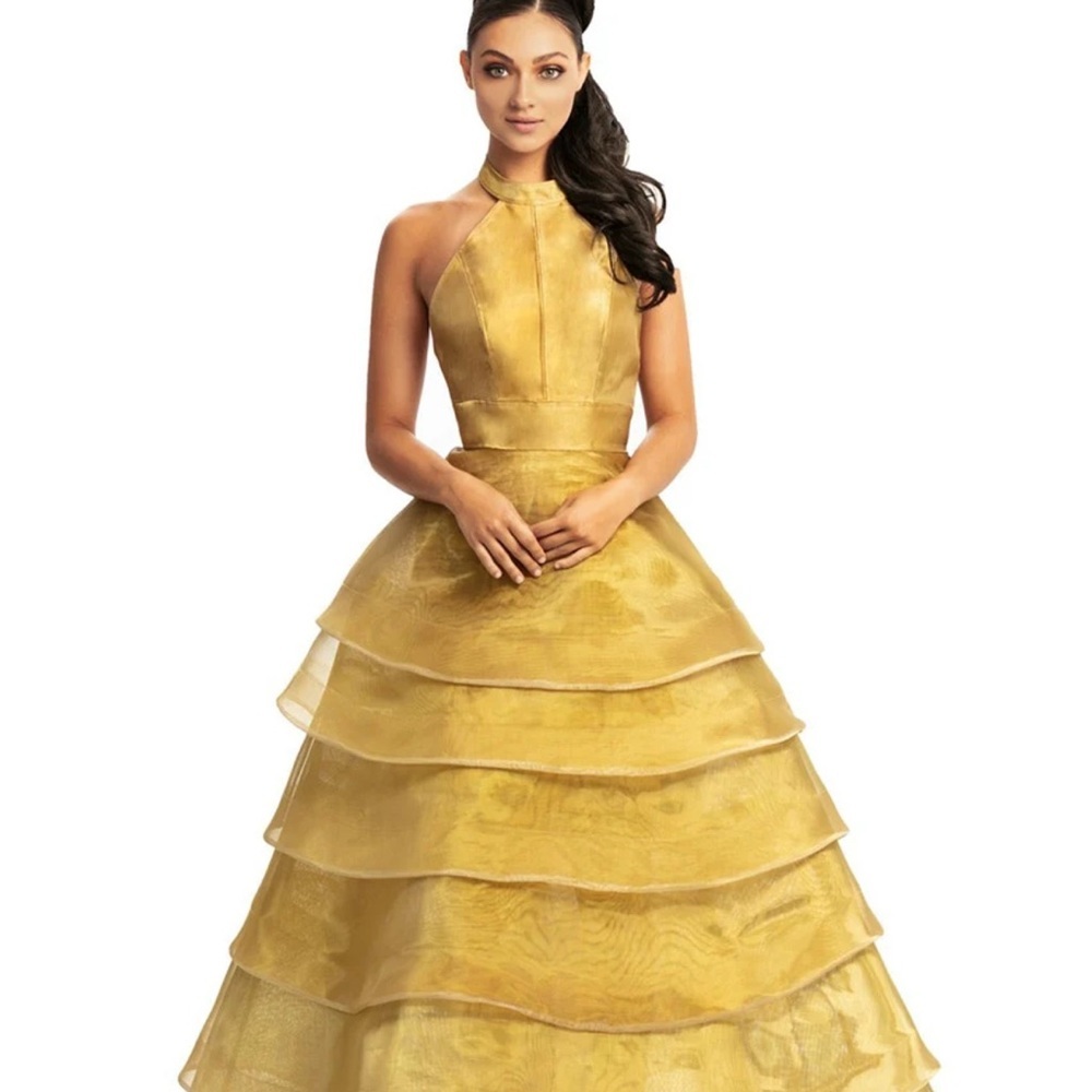 Johnathan Kayne Gold Tiered Halter‎ Gown